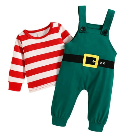 

Boys Girls Long Sleeve Christmas Striped Prints T Shirt Tops Suspender Pants Outfits For 6-9 Months