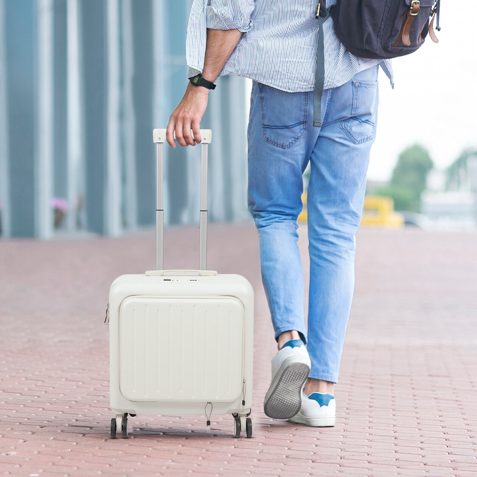 18 Inch Underseat Carry On Luggage with Wheels,Small Hard Shell Suitcase for Weekender,180° Top Opening Lightweight Travel Suitcase (White)