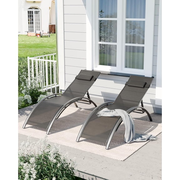 Patio Chaise Lounge Set of 2, Aluminum Outdoor Lounge Chairs Adjustable Backrest - All-Weather Poolside, Beach, Sunbathing Recliner Chairs for Tanning, Backyard, Balcony, Tan Fabric with Armrests