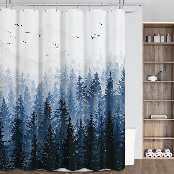 Blue Forest Shower Curtain Misty Mountain Nature Tree Fabric Shower Curtains for Bathroom Water Repellent Heavy Duty Navy Blue and Grey Woodland Shower Curtain Bathtubs Hotel, 72 x 72 inch