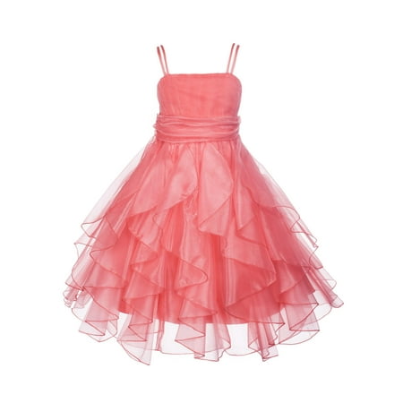 Princess Bodice - Ekidsbridal Organza Coral Pink Ruffled Bodice Junior Bridesmaid Recital Easter Holiday Wedding Pageant Occasions Communion Princess Birthday Girls Clothing Baptism 151S size 8 Flower Girl Dress