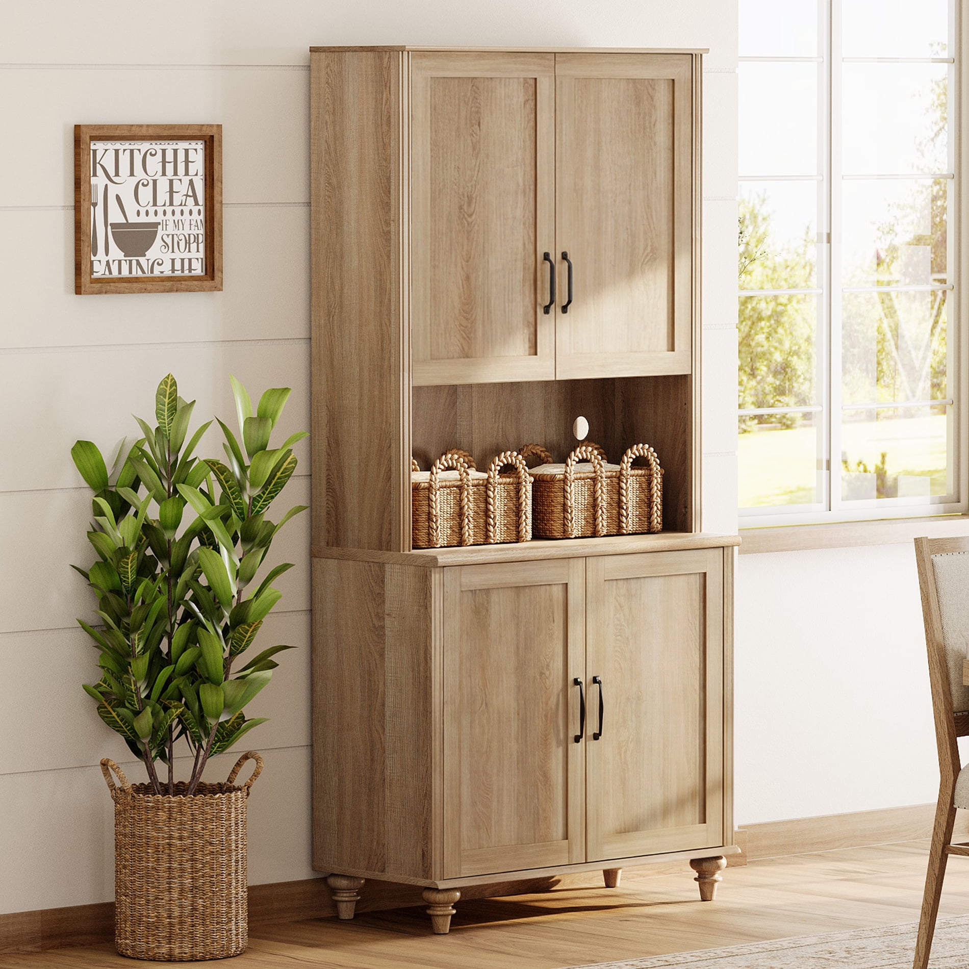 Oak 5-Tier Bookcase with Wood Doors, Bookshelf with Ample Storage Cabinet, Farmhouse Library Wooden Bookshelves for Living Room, Office, Kitchen