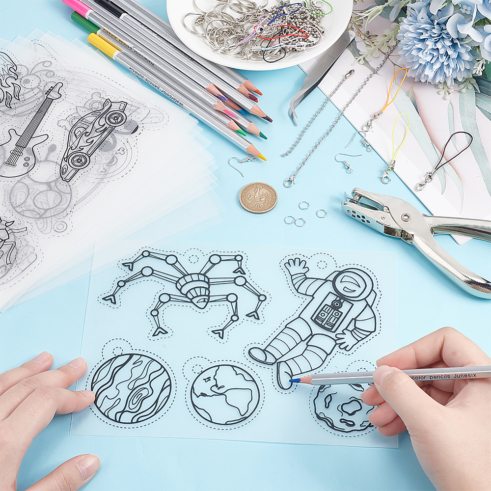 1 Set DIY Heat Shrinky Art Pendant Keychain Earrings Making Kit Including Heat Shrink Sheets Plier & Tweezers Iron Keychains & Ball Chain &