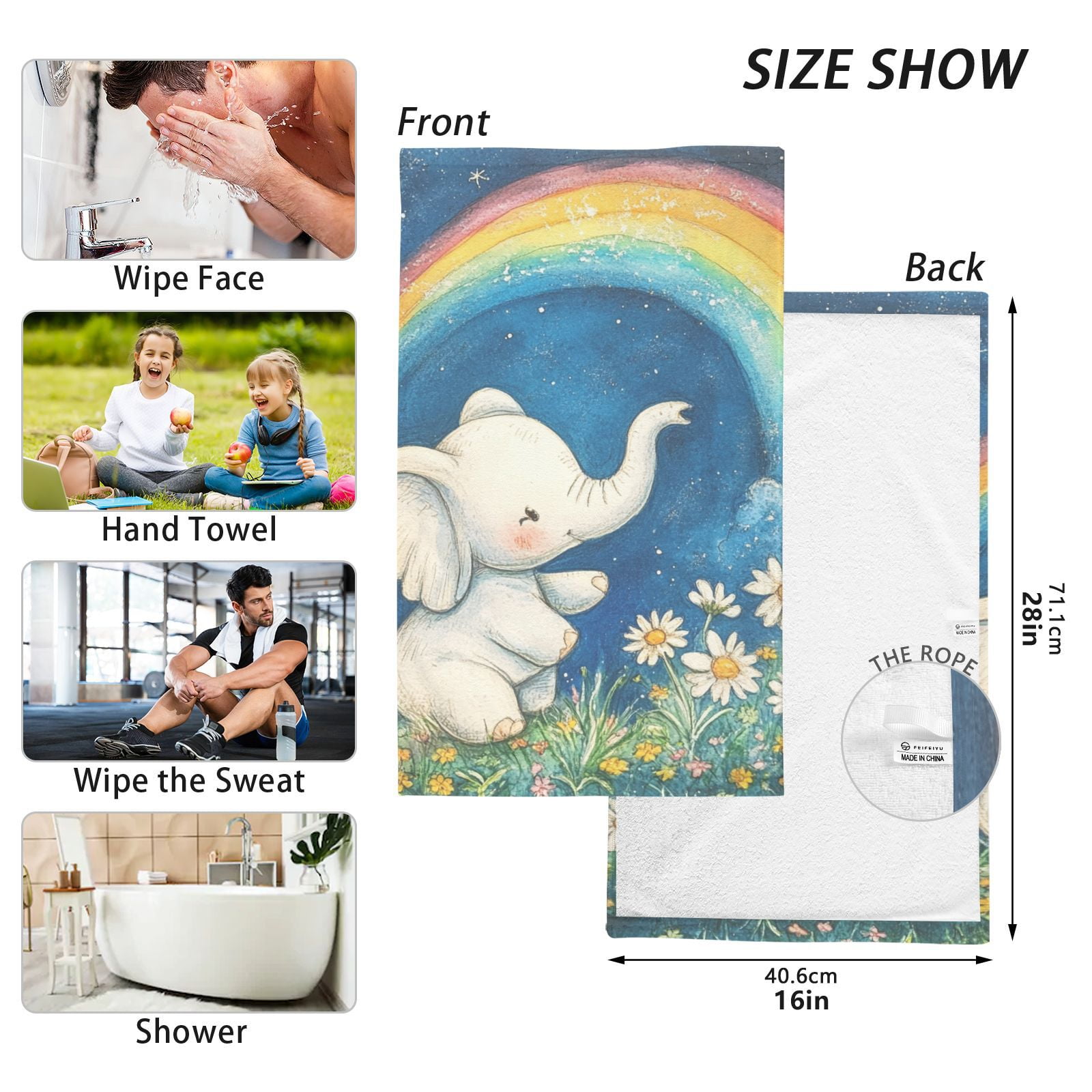 Little Elephants Rainbow Hand Towels Cotton Bath Towels Large Face Towels Absorbent for Bathroom 2 Packs