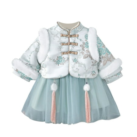 

Girls Dresses Long Sleeve New Year Coat Thicken Warm 2Pcs Outfits Sweet Lovely Princess Girls Easter Dress