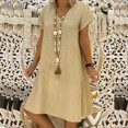 thumbnail image 4 of CHOK Mode Femmes en Vrac V-Cou Été Solide à Manches Courtes en Coton et Lin Robe d'Été de Printemps Robes pour les Femmes Bleu XL, 4 of 8