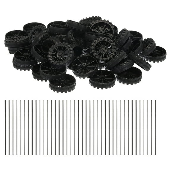 Uxcell 100pcs Toy Car Wheels, 30mmx8mm Plastic Roll and 2mmx50mm Shaft Round Rod Axles for DIY RC Car Model Part, Black