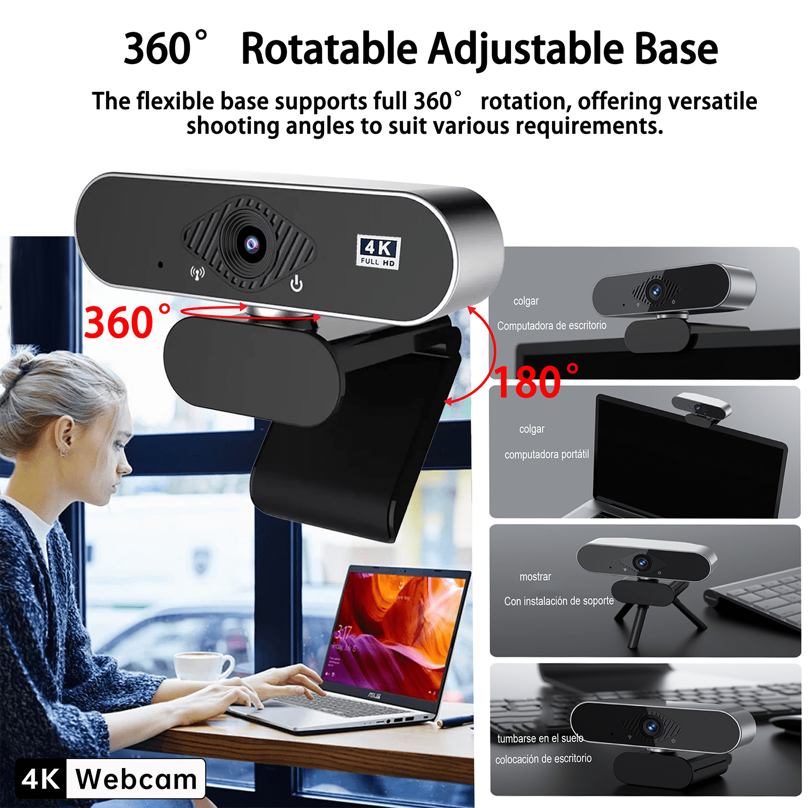 4K USB Webcam Auto  8MP 30FPS,  & Play with Type-C Adapter & Tripod for Streaming, Video Calls, Content Creation