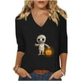 thumbnail image 2 of EchfiProm V-Neck T-Shirts for Women 3/4 Sleeve Black Pullover Graphic Loose Fit Fall Shirts, 2 of 5
