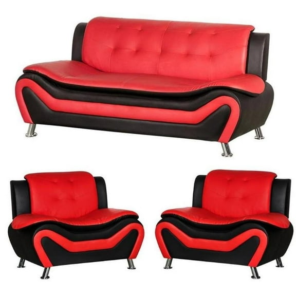 3 Piece Living Room Set with 2 Tone Sofa and Armchairs in Black/Red