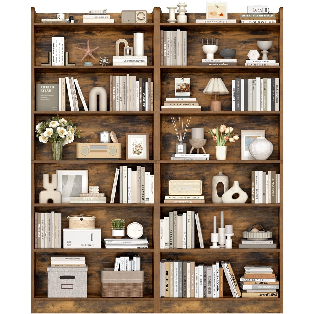 Renwick Wooden 7 Layer Open Shelf Bookcase with Compartment, Rustic Brown