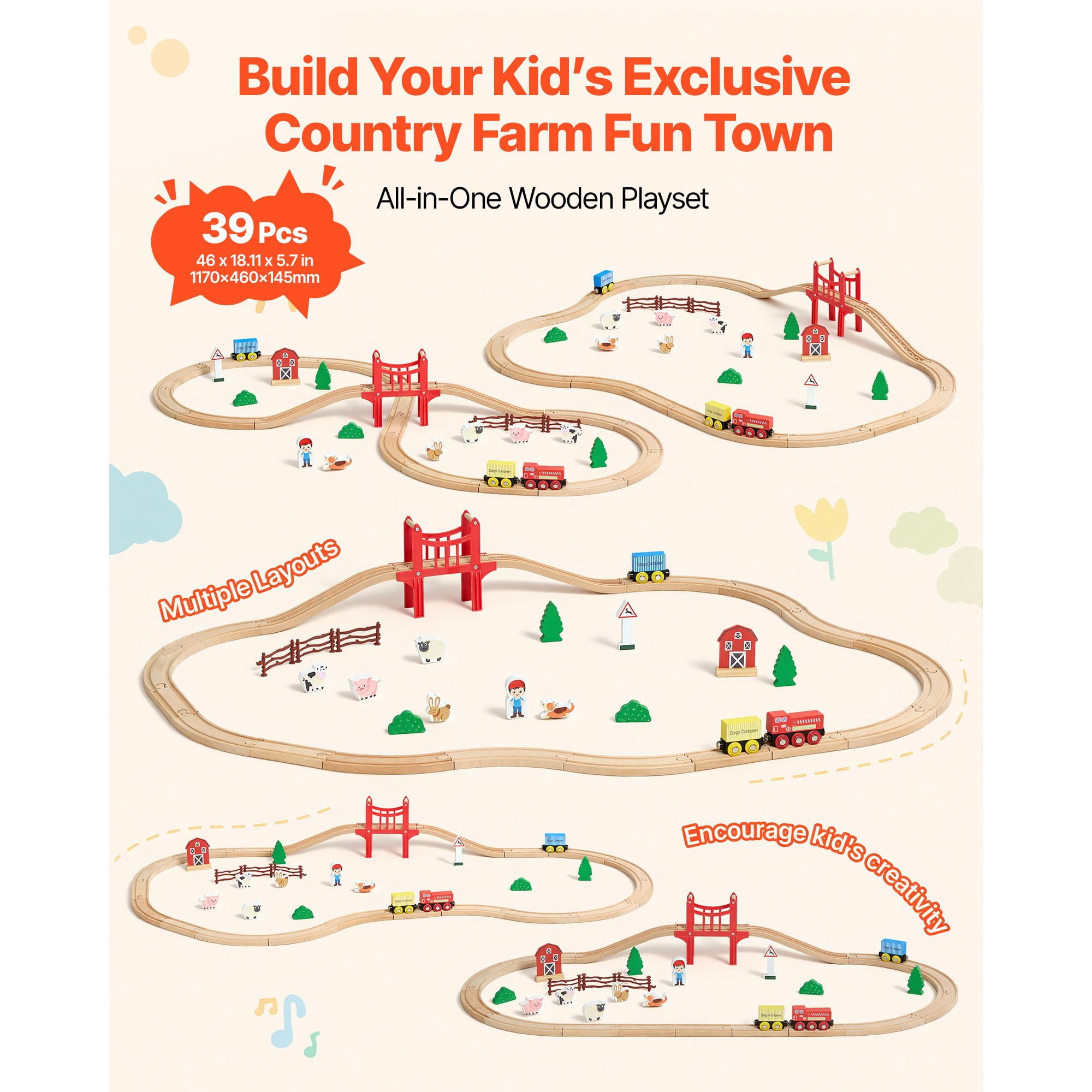 Wooden Train Set 39PCS Magnetic Trains Compatible with Major Brands for Kids Ages 3-8 Birthday Christmas Toy