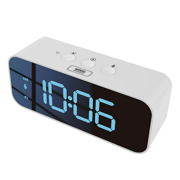 Reloj despertador digital con brillo ajustable y función de memoria, recargable, 12/24 horas. Blanco