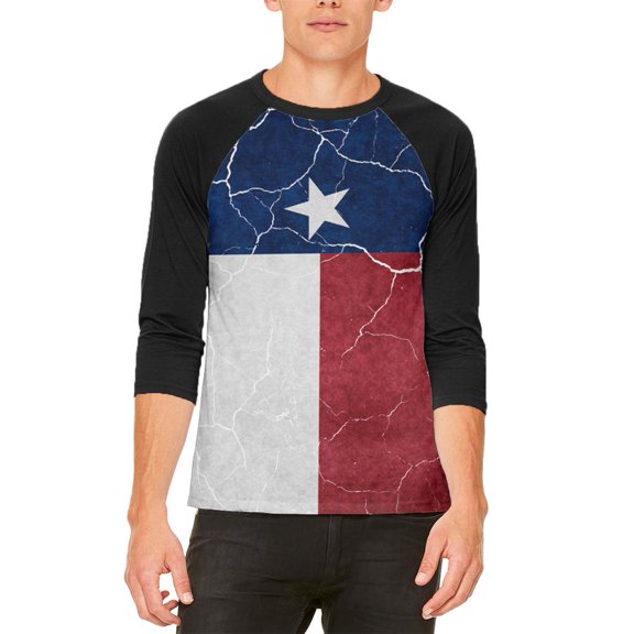 Distressed Texas Flag Mens Raglan T Shirt White-Black MD