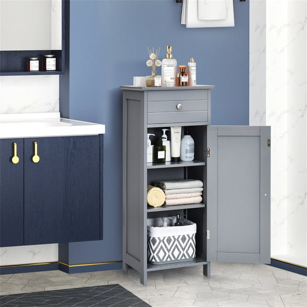 Costway Armario del Baño Organizado Vertical con Puerta Individual 1 Cajón Grande 2 Repisas Regulables para Baño Salón Gris 35,6 x 30,5 x 88 cm