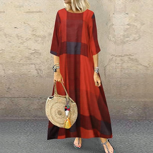 Puntoco Vestido Largo De Verano Para Mujer, Vestido Informal De Manga Tres Cuartos Con Estampado A Cuadros, Vestido De Talla Grande, Vestido De Manga Corta Con Cuello Redondo, Rojo M