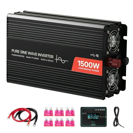 KFFKFF 1500W Pure Sine Wave Power Inverter, 12V DC to 120V AC Converter with Remote Control, USB & Type-C Ports, 4 AC Outlets, Quick Charging for RVs, Trucks, and Outdoor Use