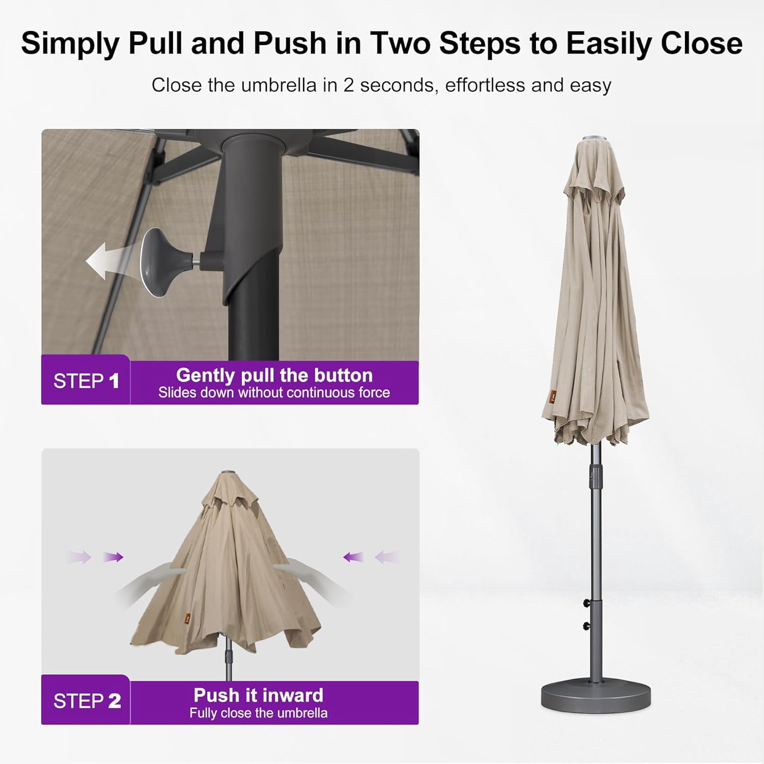 PURPLE LEAF 6 X 10 FT Semi-Auto Outdoor Market Patio Umbrella Sun Umbrellas with 8 Aluminum Sturdy Ribs for Backyard Deck Garden Pool, Gray Pole Beige Canopy