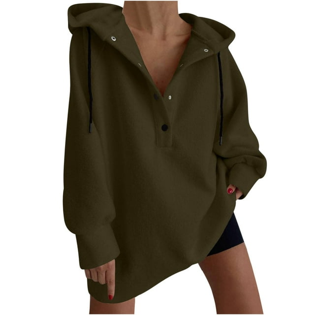 Timegard Women's Sweatshirts Button Long Sleeve Solid Color Oversized Hoodies Winter Fleece Warm Pullover