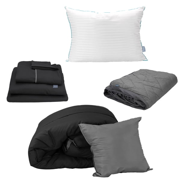 Edredón Doble Vista Individual Couzy + Sábanas Royal Negro + Protector Lux + Almohada Royal