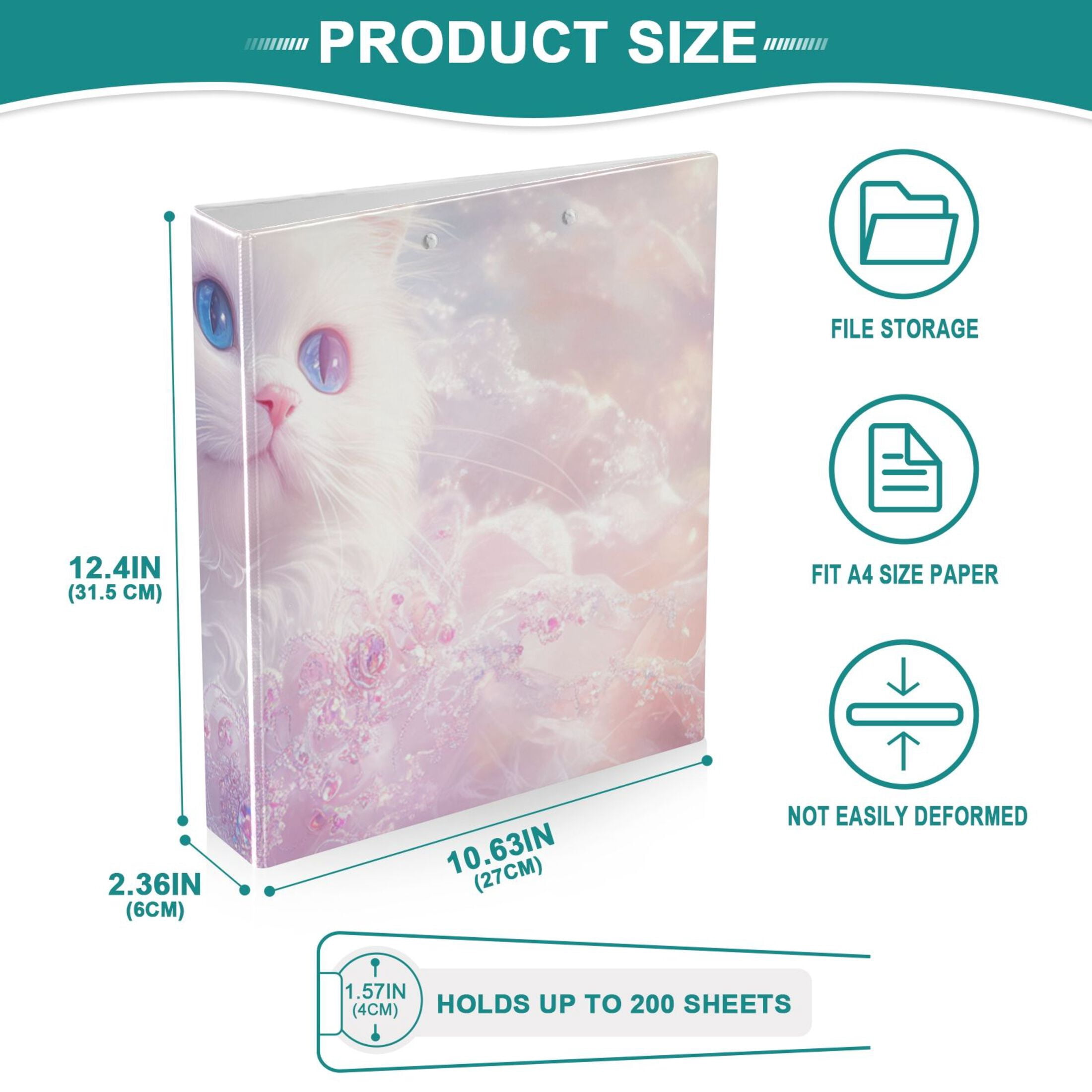 Elegant White Cat 3 Ring Binders 1.5 inch Hardcover File Folders with Interior Pockets A4 Size Organizer for School Office Hospital