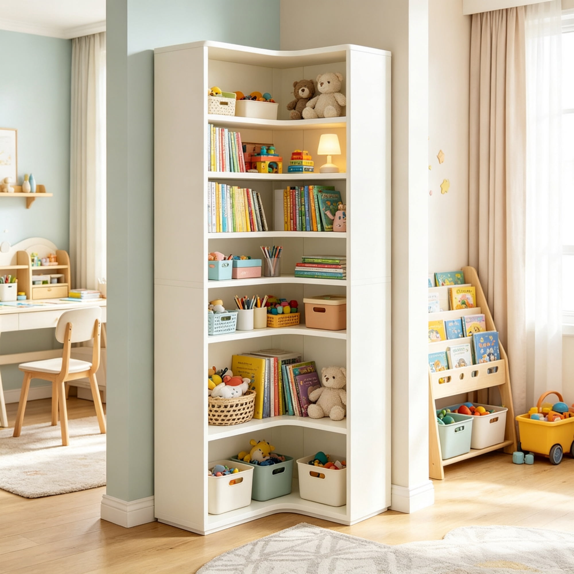 9 Tier L Shaped Bookcase Display Shelf, MDF Corner Bookshelf, 27.56 in L x 23.62 in W x 64.96 in H