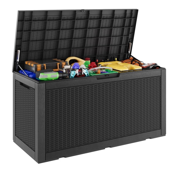 LHBcraft 110 Gallon Resin Deck Box,Lockable Outdoor Storage Container,Waterproof Storage Box for Patio Furniture Cushions,Black