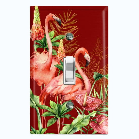 Metal Light Switch Plate Outlet Cover Tropical Pink Flamingo Flower Leaves Burgundy FGO009