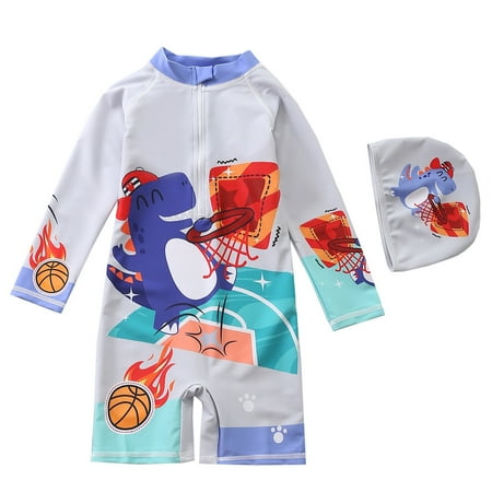 Huowey Baby Boys Two Piece Swimsuit Rash Guard Cartoon Dinosaur Print Long Sleeve Raglan Sleeve Onesize Jumpsuit Swimwear With Hat Summer Beach Outfit Swim Suit Pool Party Beachwear Grey 7-8 Years