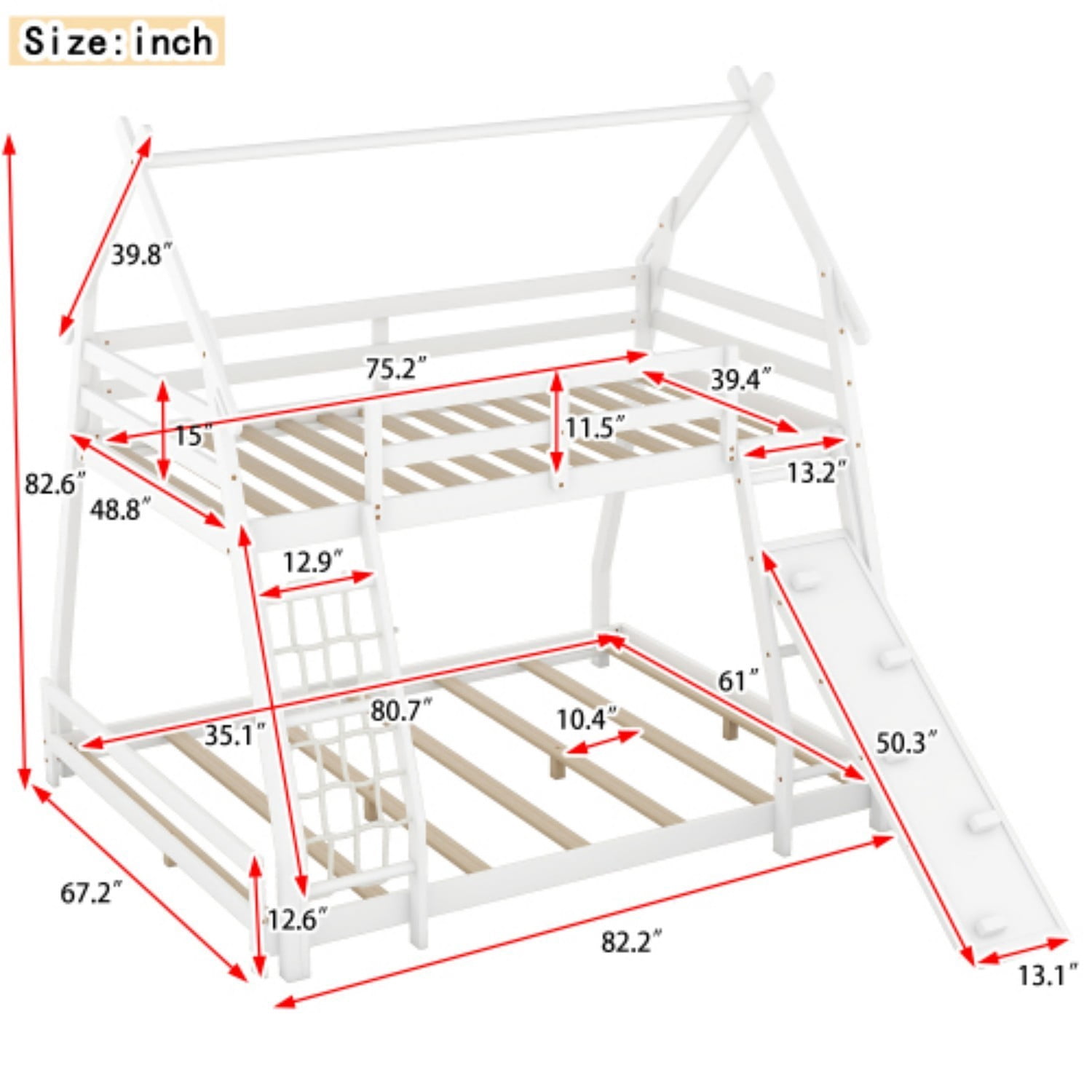 Twin Over Queen House Bunk Bed with Climbing Net & Ramp, Wooden Loft Bed with Guardrails, Space Saving Kids Bunk Bed for Bedroom, White