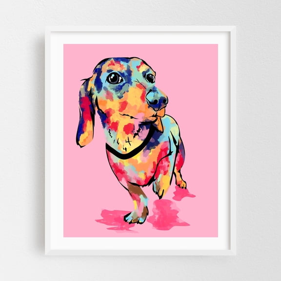 Rainbow Pup - India Illustration Pop Art Dog Modern Art Whimsical Animal Abstract White Framed Wall Art Print 11 x 14 inches