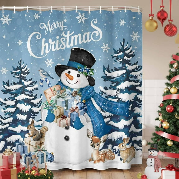 Blue Snowman Christmas Shower Curtain, Xmas Snowflake Gifts Winter Elk Waterproof Fabric Shower Curtains with 12 Hooks, Bathroom Curtain Set for Bathroom Accessories Decor, 60 x 72 Inches