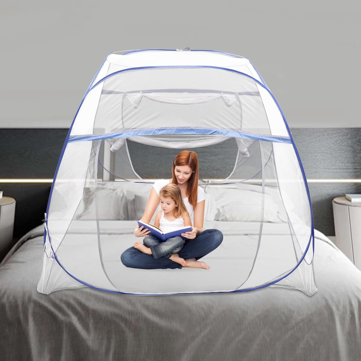 Blue Bed Canopy & Mosquito Net for Queen Size Beds, 5 Steel Wire Frame with U-Shaped Triple Door, Baby Safety Enclosure Indoor Canopy for Family Protection