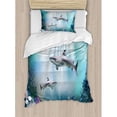 thumbnail image 3 of Underwater Queen Size Duvet Cover Set, Realistic Illustration Wild Sharks and Plants Corals Seaweed Aquatic Ocean Life, Decorative 3 Piece Bedding Set with 2 Pillow Shams, Multicolor, by Ambesonne, 3 of 3
