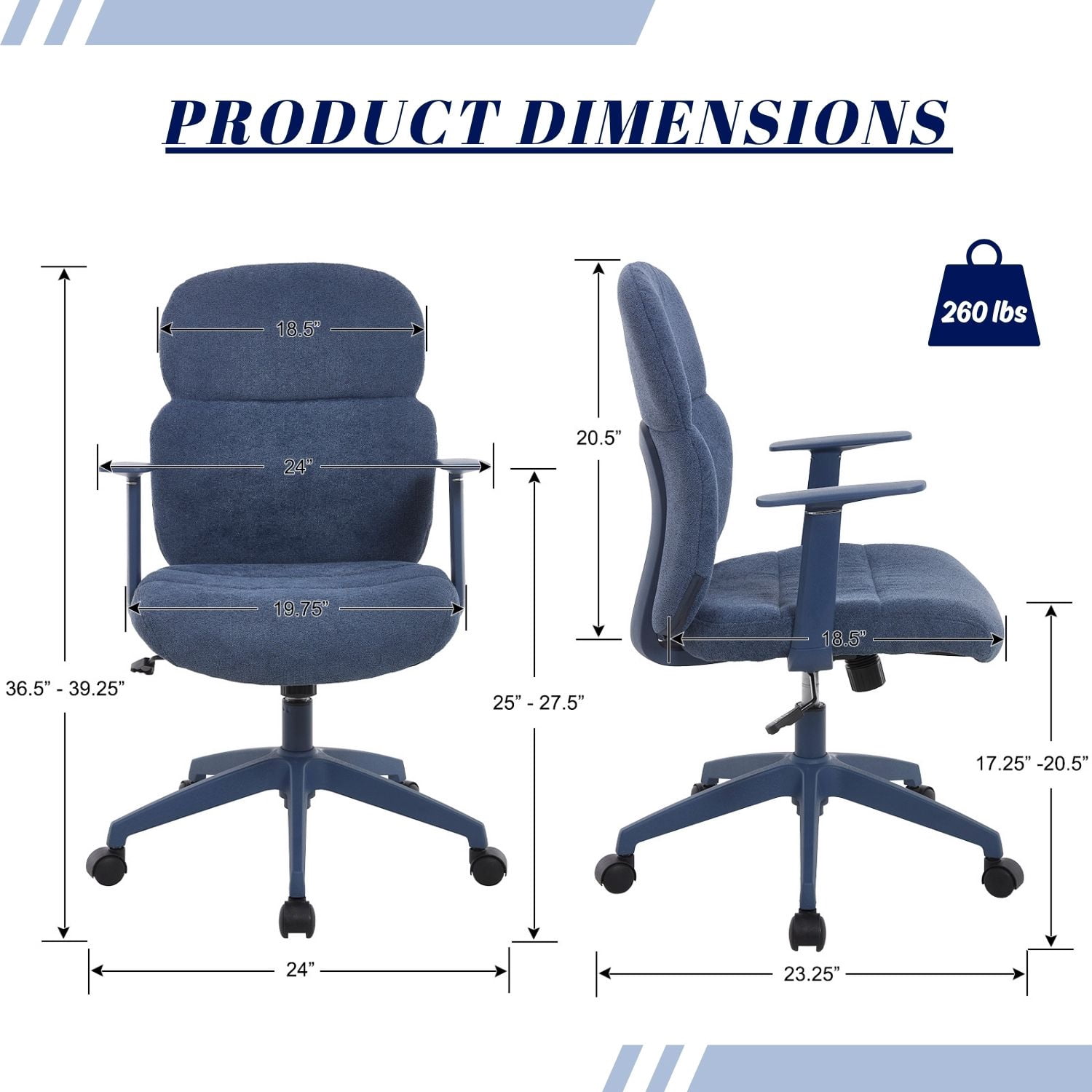 Dayalane Modern Adjustable Office Chair, Swivel Fabric Ergonomic Task Chair with Armrests, 90-120° Tilt Function and Wide Cushion Desk Chair for Home/Bedroom/Study/Office/Conference Room, Blue