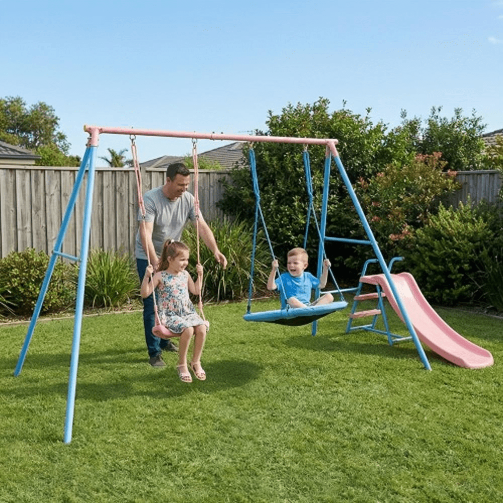 3 in 1 Metal Swing Set Outdoor , SHINPT Toddler Swing Set for Backyard, Tall Swing Set with Slide, Saucer Swing Seat, Belt Swings Seat, Heavy Duty Swing Set for kids, Kids Playset Outdoor