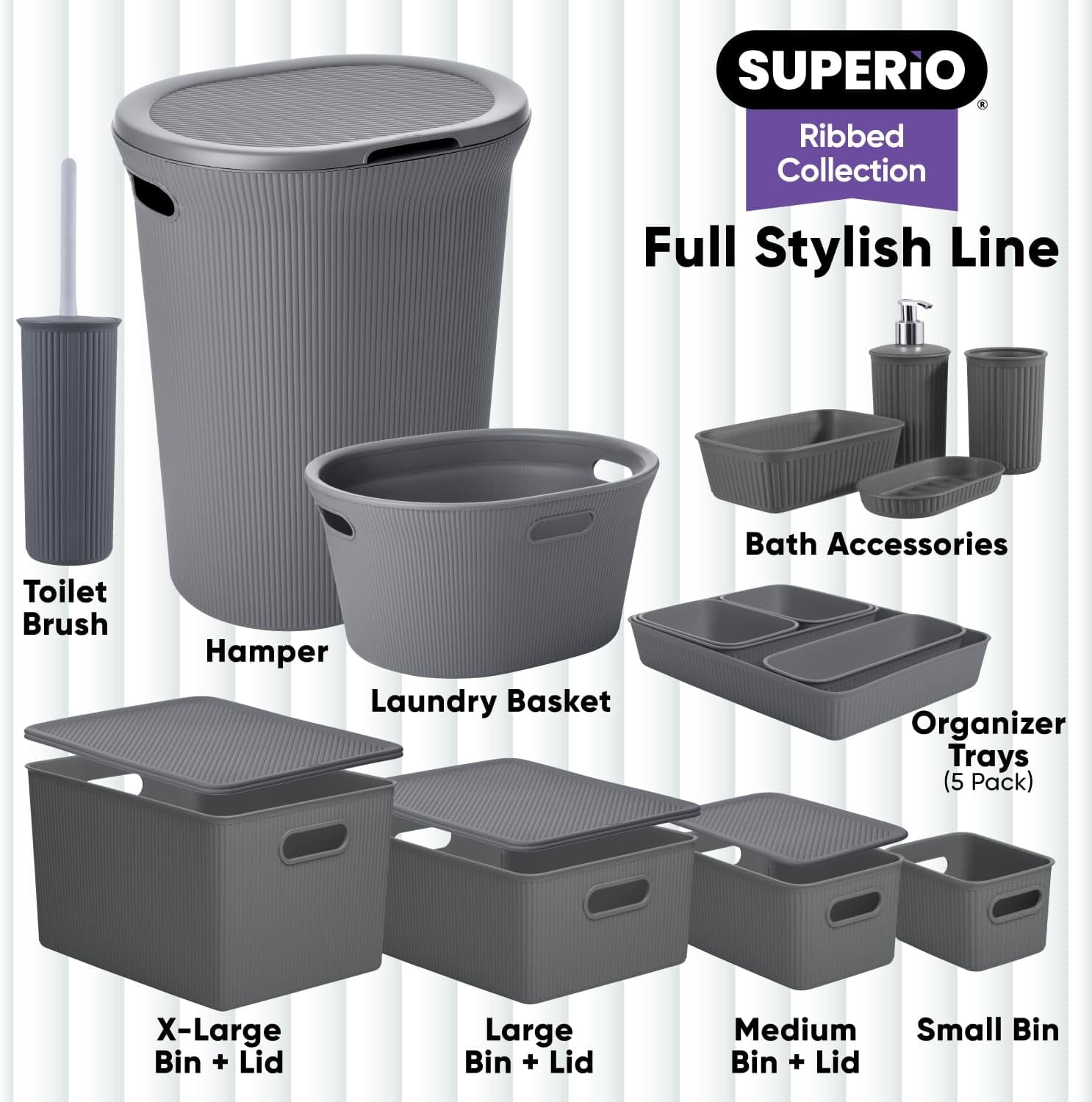 Superio Plastic Toilet Bowl Cleaning Brush and Holder Set (Pack of 2)- 15"H x 6"W x 5"D, Bathroom Scrubbing Brush, Grey