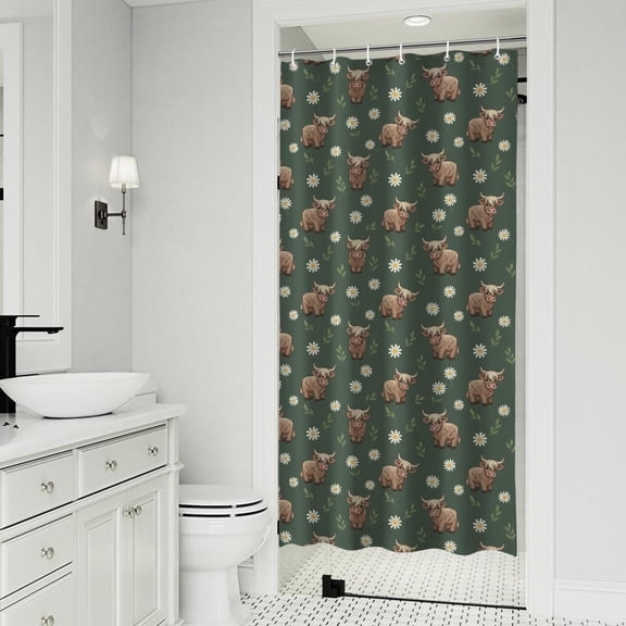 Green Highland Cow Dinosaur Pattern Shower Curtain 36"x72" ,Bathroom Decorative Shower Curtains Set with 12 Hooks,Modern Waterproof Washable Shower Curtain