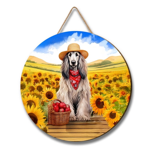 Vintage Afghan Hound Says Hello Mother's Day Summer Sunflower Field Round Wood Sign Dog Lover Hanging Wall Home Decor - 12005