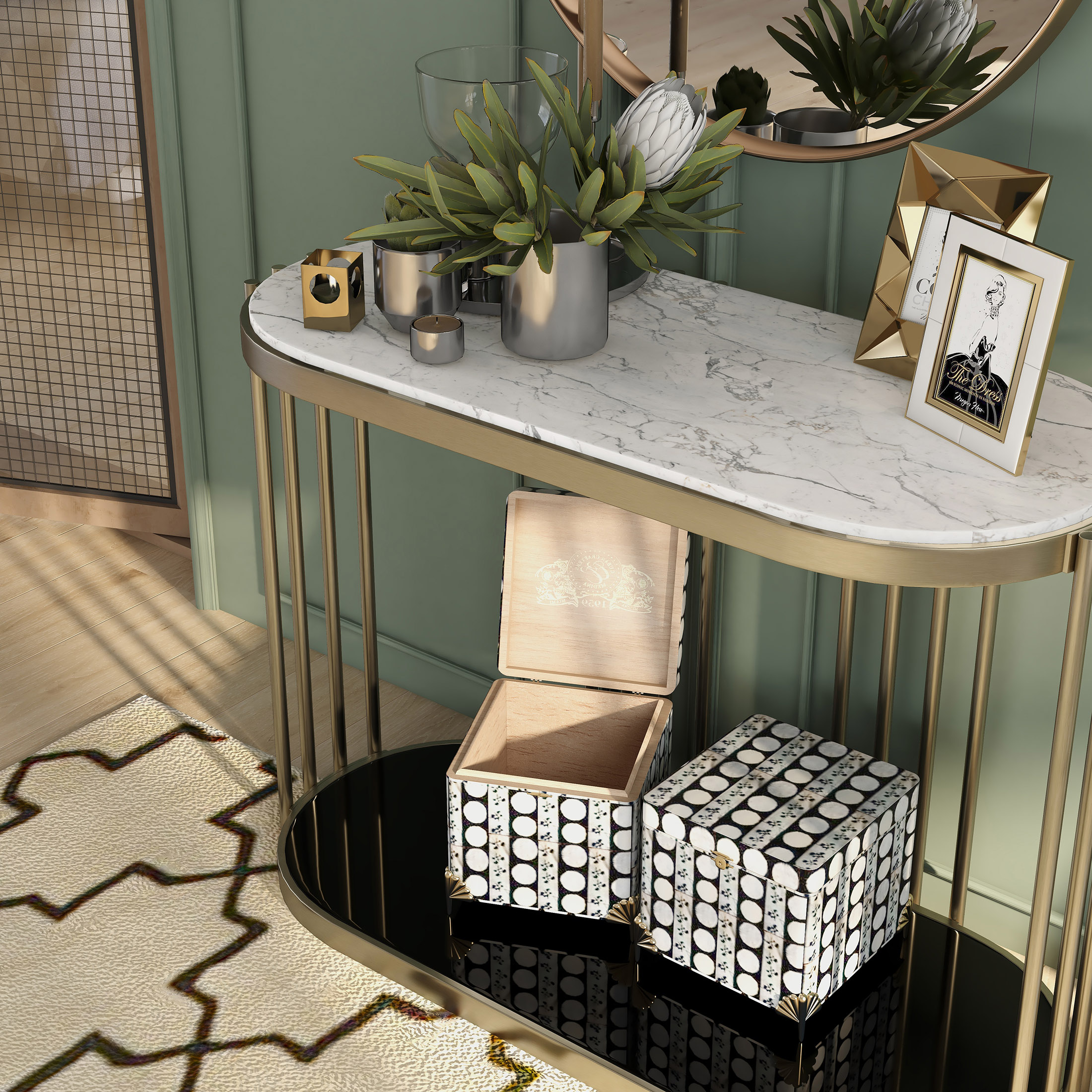Furniture of America Wilmo Faux Marble 1-Shelf Console Table, Brass