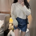 thumbnail image 3 of Suéter de mujer de punto trenzado suave, suéter corto de manga larga con cuello redondo, jersey liso de corte cuadrado, atuendo básico para adolescentes, otoño e invierno, 3 of 5