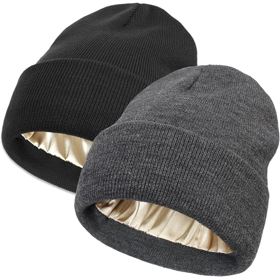 Unisex Satin-Lined Winter Beanie, Silky Lining Skull Cap for Men & Women, Slouchy Knitted Cuffed Ski Hat – Black/Dark Grey