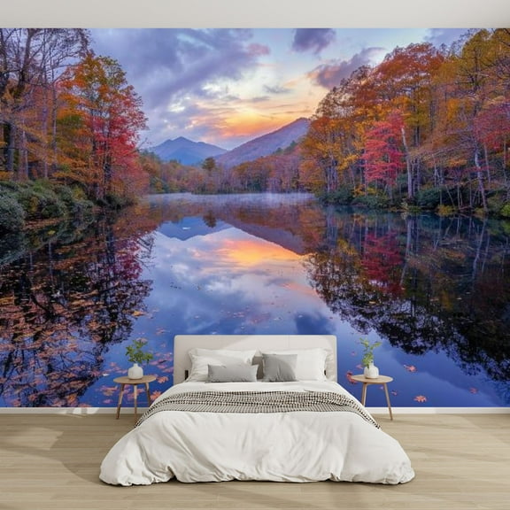 Modern Wallpaper Murals 3D Glass Like Lake Reflection Fall Colors Decor Peel and Stick Removable Self-Adhesive PVC Wall Stickers for Nursery Kids Bedroom TV Wall Decor