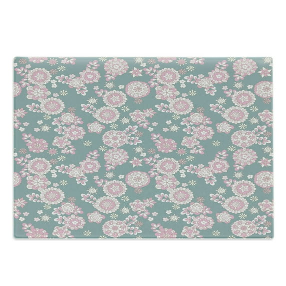 Floral Cutting Board, Romantic Pastel Foliage Blooming Season Essence Botanical Beauty, Decorative Tempered Glass Cutting and Serving Board, Large Size, Slate Blue Pale Pink, by Ambesonne