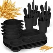 Inadays 24 Piece Wheat Straw Dinnerware Sets Cutlery Set Unbreakable Tableware Set Divided Plates Reusable Microwave Dishwasher Safe 4pcs Plates Bowl Spoon Knife Fork Cup