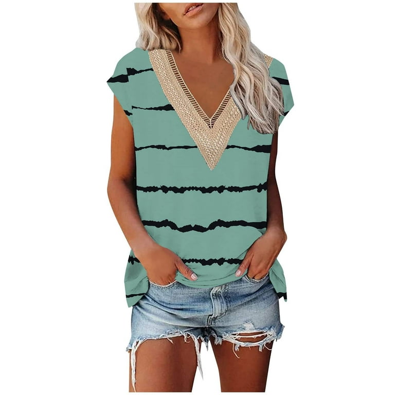 Sksloeg Womens Tops, Ladies Sexy V Neck Lace Trim Tank Tops Dressy Gradient  Printed Tops Casual Loose Sleeveless Blouse Shirts,Cyan S 