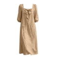 thumbnail image 6 of Ohufall Cotton Linen Dress for Women Bow Square Neck Maxi Dress 3/4 Sleeve Loose Solid Color Dresses, 6 of 8