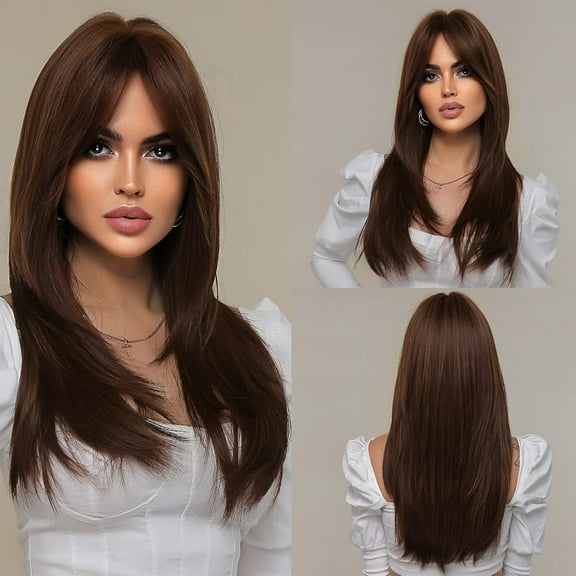 EMMOR Brown Wigs for Women,Long Layered Wigs with Curtain Bangs Heat Resistant Synthetic Fibre Wigs(Brown with Grey Highlight)