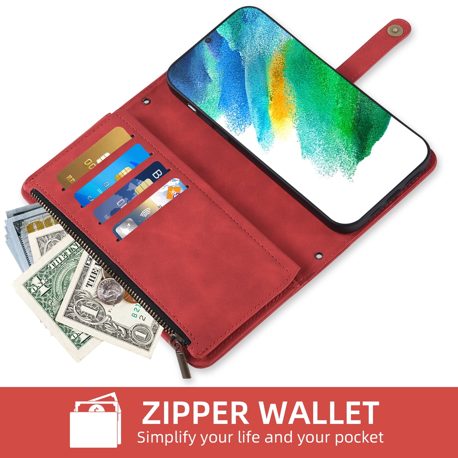 Asuwish Phone Case for Samsung Galaxy S21 FE 5G Wallet Cover With Tempered Glass Screen Protector Wrist Strap Flip Pattern Zipper Credit Card Holder Cell S 21 EF S21FE5G UW S21FE 21S G5 6.4 inch Red