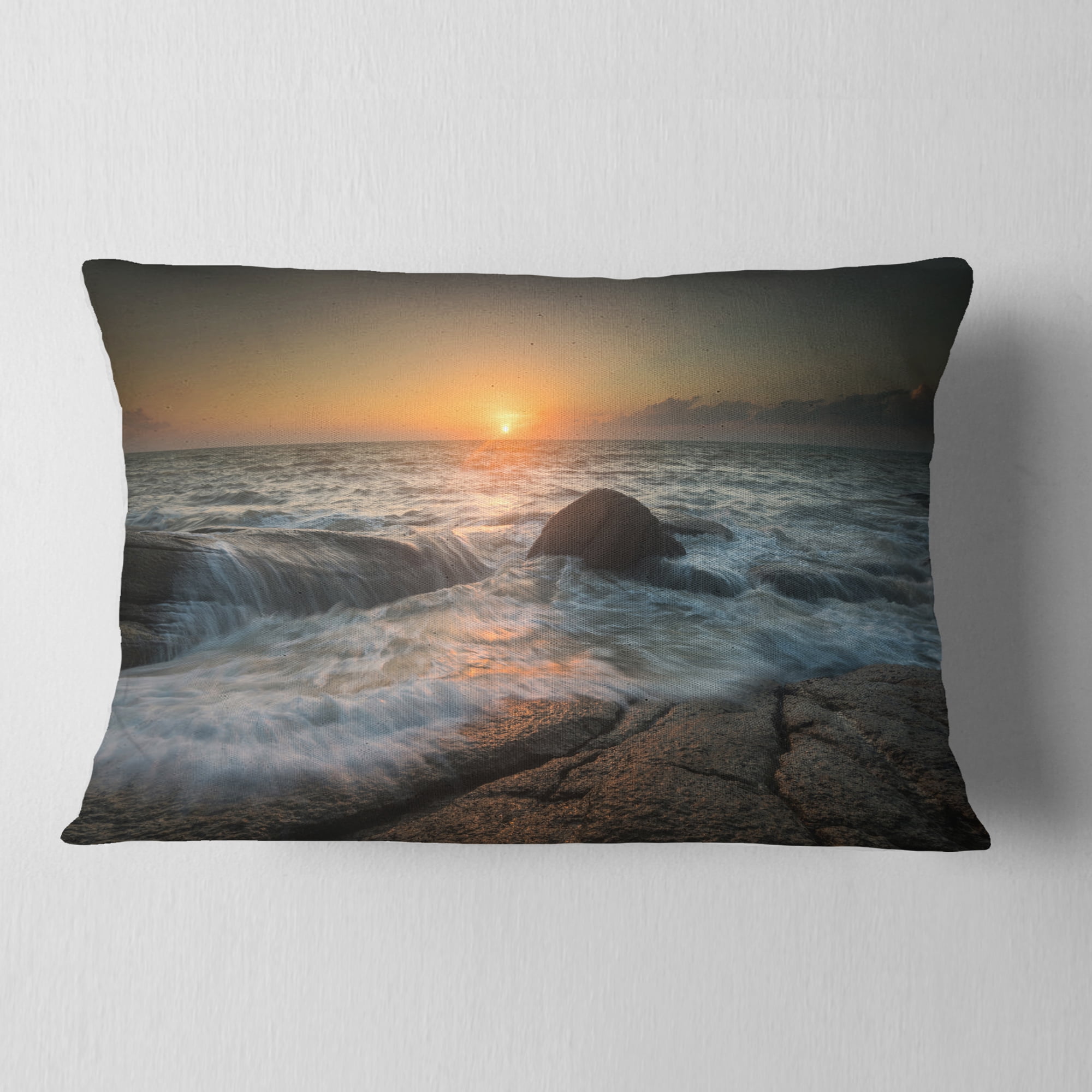 Designart Lashing Sea Waves At Sunset - Beach Photo Throw Pillow - 12x20